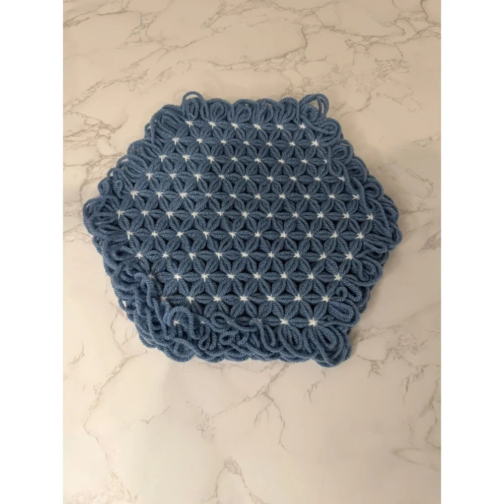 Hand Crocheted Trivet Blue Pot Holder Hot Pad 10 Inch Set of 3 Granny Core